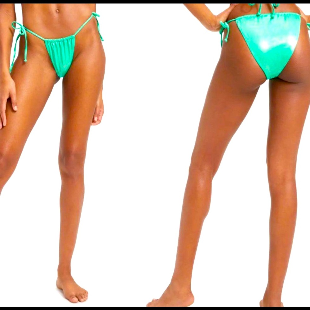 Good American New Green Metallic Shimmer Foil Side Tie Bikini Swim Bottoms